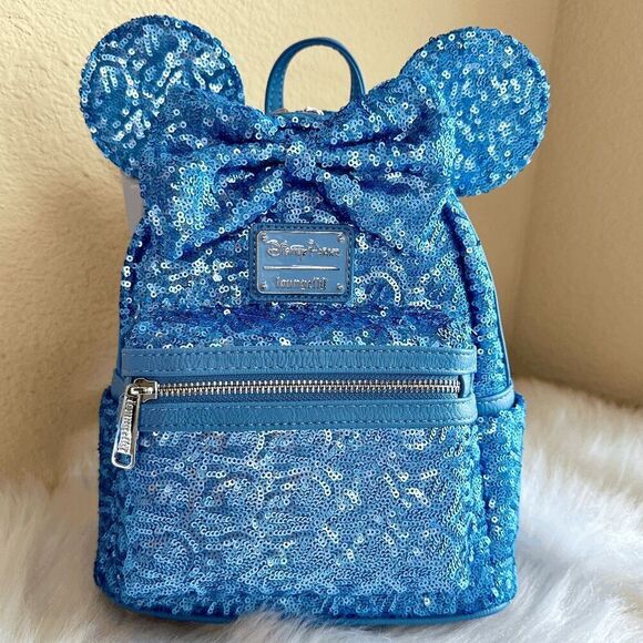Minnie Sequined Loungefly Mini Backpack Hydrangea Blue Flowers Disney Parks NWT - Picture 1 of 9
